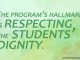 "The program's hallmark is respecting the students' dignity." - quote from story on green background