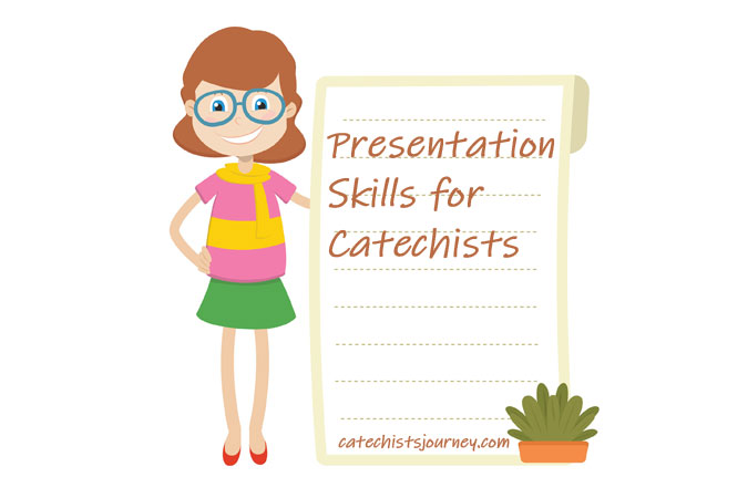 illustrated image of teacher next to board that reads "Presentation Skills for Catechists"