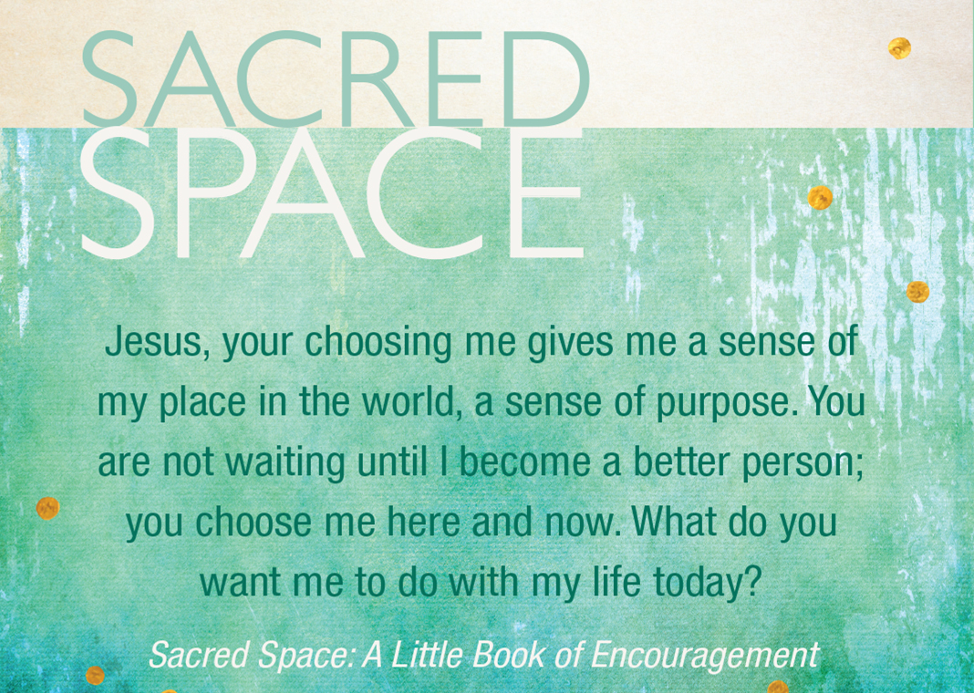 Quote from "Sacred Space: A Little Book of Encouragement": "Jesus, your choosing me gives me a sense of my place in the world, a sense of purpose. You are not waiting until I become a better person; you choose me here and now. What do you want me to do with my life today?"