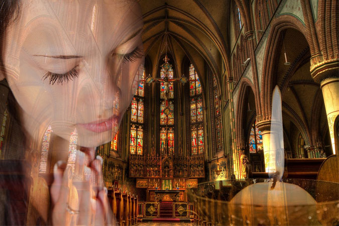 young-woman-church-overlay-effect