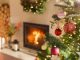 Christmas decorations by fireplace