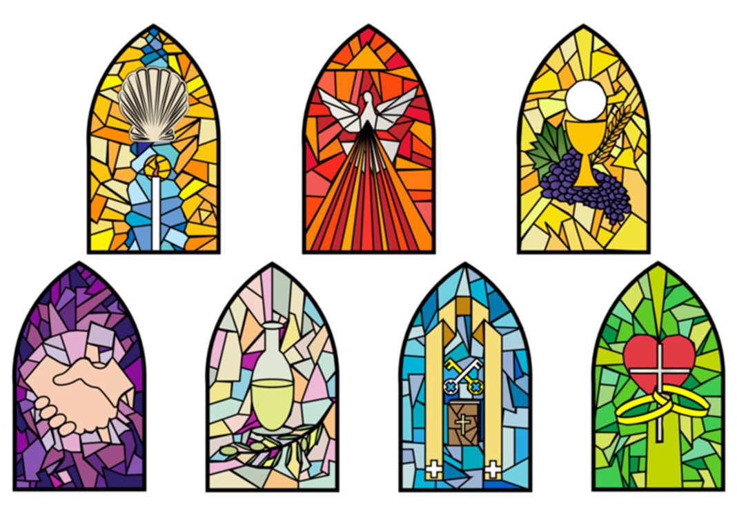 symbols of the Seven Sacraments in stained glass - illustration - Thoom/Shutterstock.com