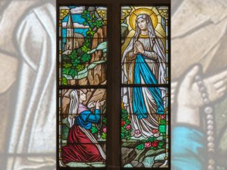 Saint Bernadette and Our Lady of Lourdes in stained glass