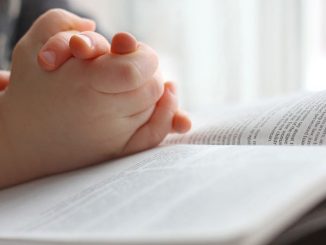 child's hands folded over the Bible
