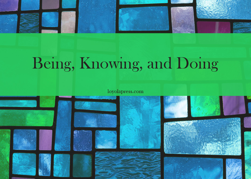 being knowing and doing - text on stained glass background