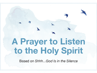 A Prayer to Listen to the Holy Spirit - text surrounded by birds on light blue clouds
