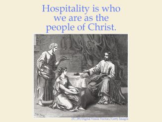 "Hospitality is who we are as the people of Christ." -Julianne Stanz - quote next to image of Martha and Mary with Jesus - ZU_09/Digital Vision Vectors/Getty Images