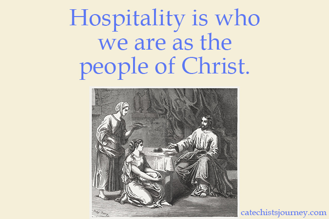 "Hospitality is who we are as the people of Christ." -Julianne Stanz - quote next to image of Martha and Mary with Jesus