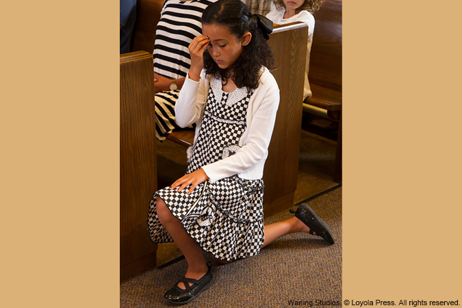 girl genuflecting in church - Warling Studios. © Loyola Press. All rights reserved.
