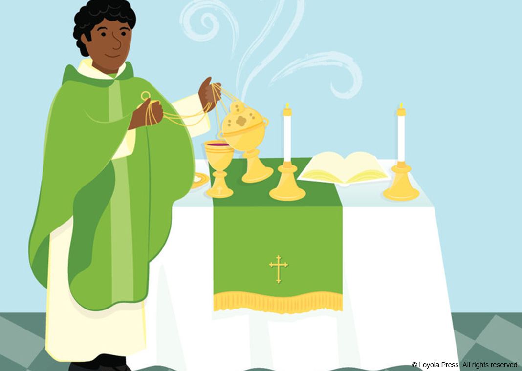 illustration of priest near altar in Ordinary Time - by Kathryn Seckman Kirsch © Loyola Press. All rights reserved.