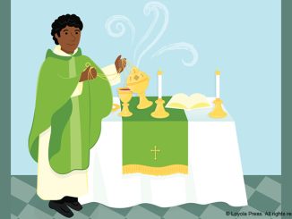 illustration of priest near altar in Ordinary Time - by Kathryn Seckman Kirsch © Loyola Press. All rights reserved.