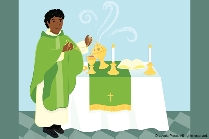 illustration of priest near altar in Ordinary Time - by Kathryn Seckman Kirsch © Loyola Press. All rights reserved.