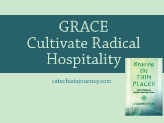 GRACE: Cultivate Radical Hospitality - text on green background next to cover of "Braving the Thin Places"