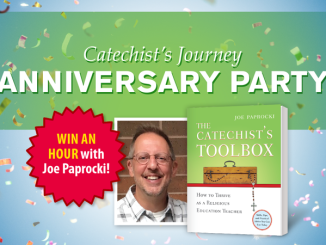 Catechist's Journey Anniversary Party - Win a One-Hour Online Consultation with Joe Paprocki! - Joe Paprocki pictured next to The Catechist's Toolbox book - confetti background