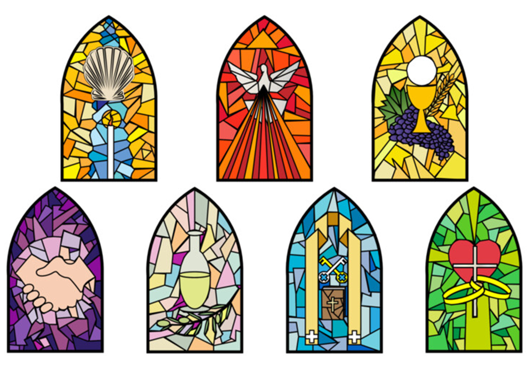 symbols of the seven sacraments in stained glass - Thoom/Shutterstock.com