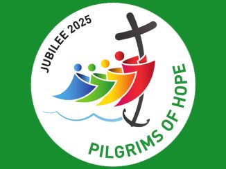 Jubilee 2025 Pilgrims of Hope logo - four figures embracing the cross, which turns into an anchor over the waves at the bottom