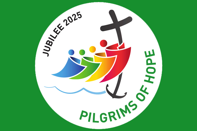 Jubilee 2025 Pilgrims of Hope logo - four figures embracing the cross, which turns into an anchor over the waves at the bottom