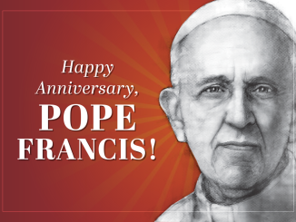 Happy Anniversary, Pope Francis! - text next to drawing of Pope