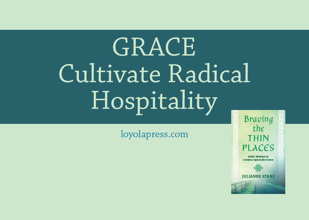 GRACE: Cultivate Radical Hospitality - text on green background next to cover of "Braving the Thin Places"