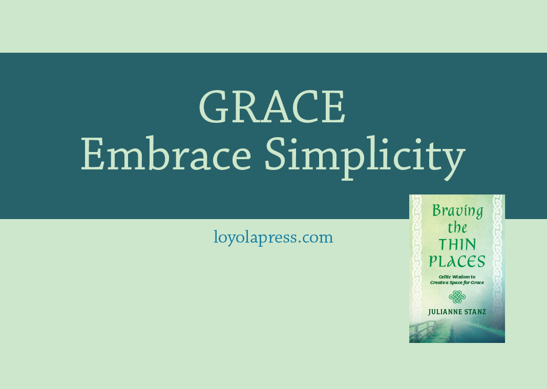 GRACE: Embrace Simplicity - text on green background next to cover of "Braving the Thin Places"