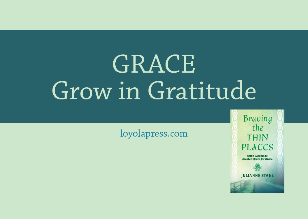 GRACE: Grow in gratitude - text on green background next to cover of "Braving the Thin Places"